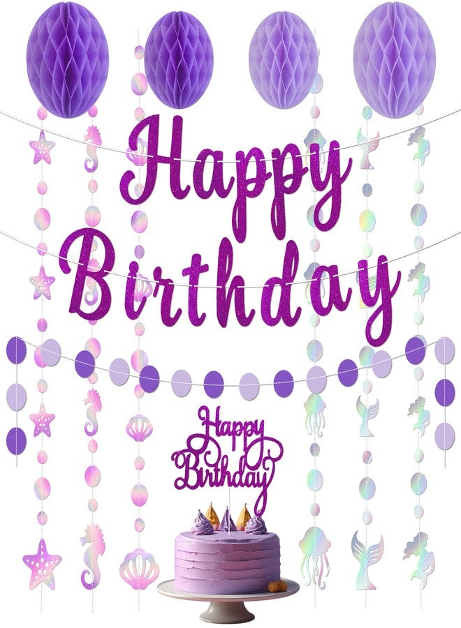 TMTECHJS Purple Birthday Decorations Pre-Strung Happy Birthday Banner with Honeycomb Balls Cake Topper Ocean Theme Hanging Swirls Circle Dots Garland - Image 1